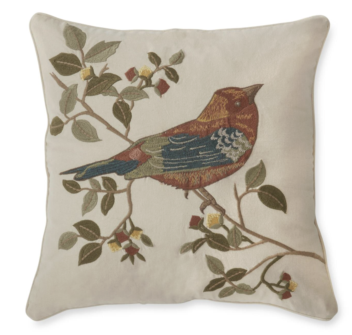 18 Inch Embroidered Rust & Blue Bird Square Pillow