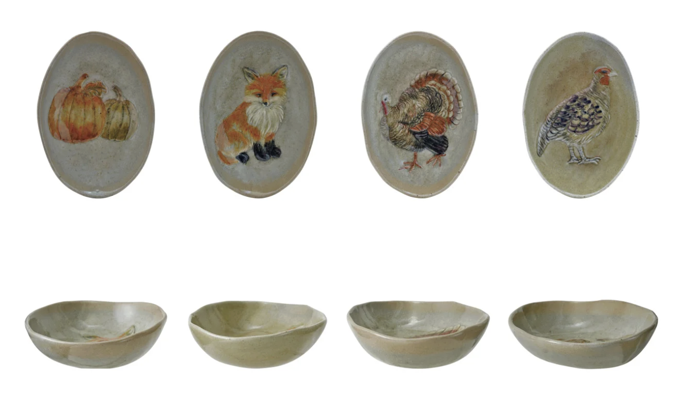 Hand-Painted Stoneware Dish with Animal/Pumpkins, 4 Styles (Each One Will Vary)