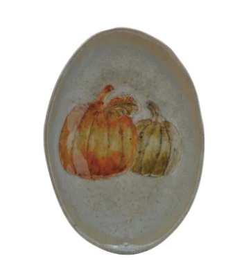 Hand-Painted Stoneware Dish with Animal/Pumpkins, 4 Styles (Each One Will Vary)