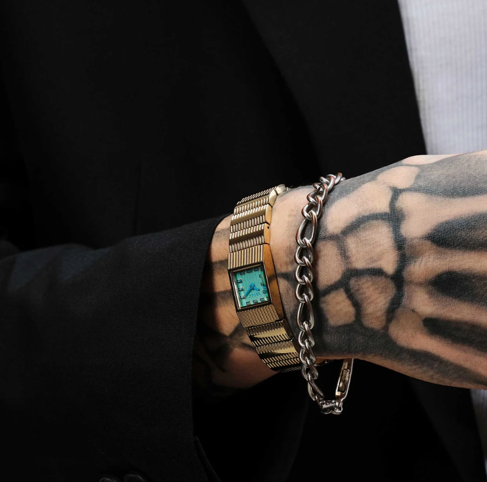 'Groove' Metal Bracelet Watch-Gold/Aqua, 16MM