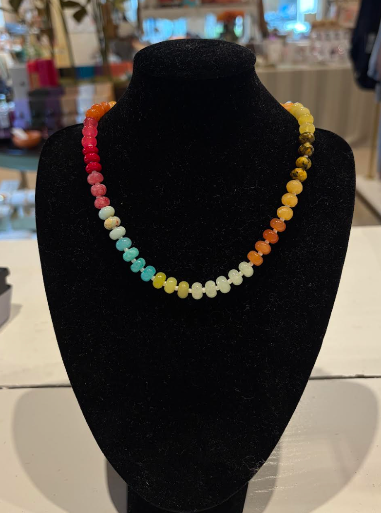 Beaded Gem Stone Necklace - Fuchsia, Peach and Ice Blue