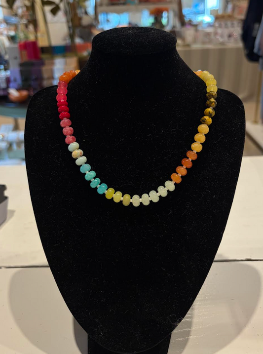Beaded Gem Stone Necklace - Fuchsia, Peach and Ice Blue