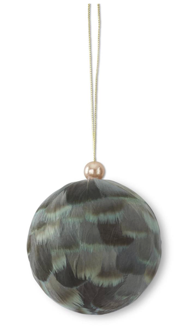 4.5 Inch Sage Green Feather Round Ornament w/Champagne Pearl Top