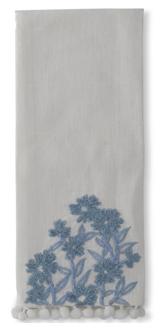 White Linen & Blue Embroidered Floral Hand Towel