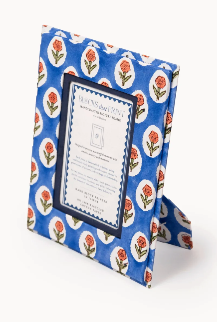 Medium Block Print Photo Frame (4X6) - Cobalt Marigold