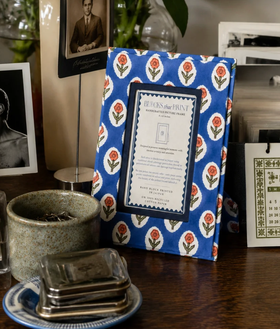Medium Block Print Photo Frame (4X6) - Cobalt Marigold