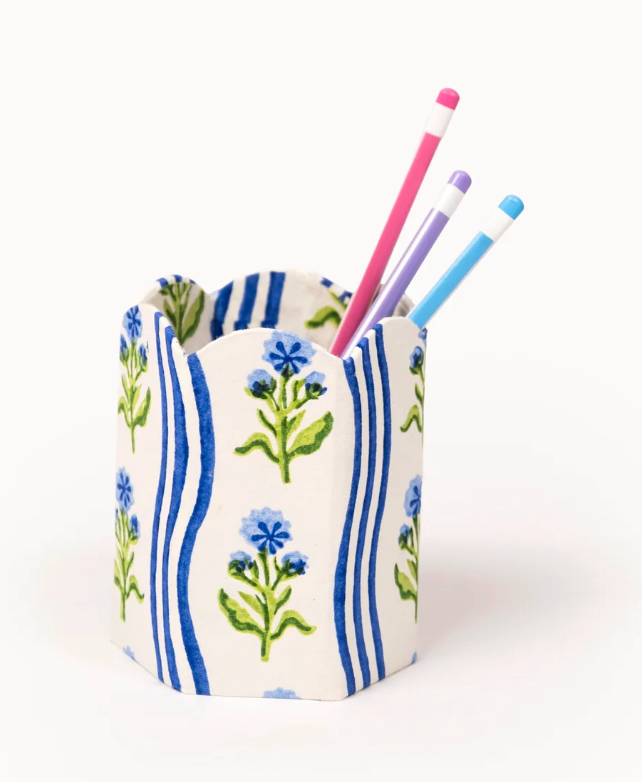 Block Print Pen Holder - Leher Blue (Collapsible)