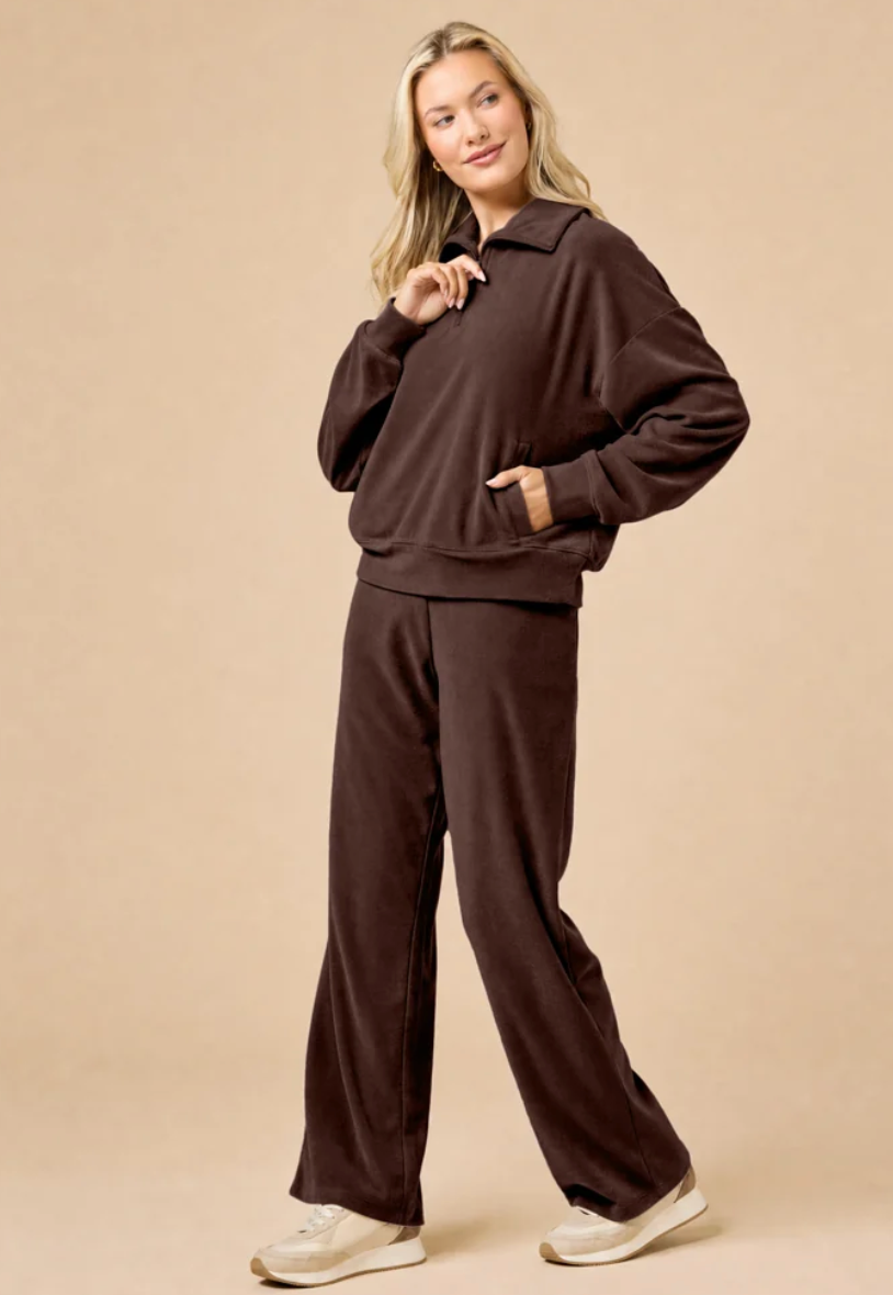 Serenity 1/4 Zip Top with Wide Pant Lounge Set-Espresso