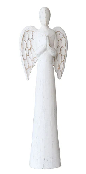 Hand-Painted Carved Mango Wood Angel, Distressed Finish, White