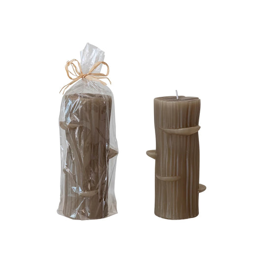 Unscented Log Shaped Candle w/ Mushrooms, Olive Color