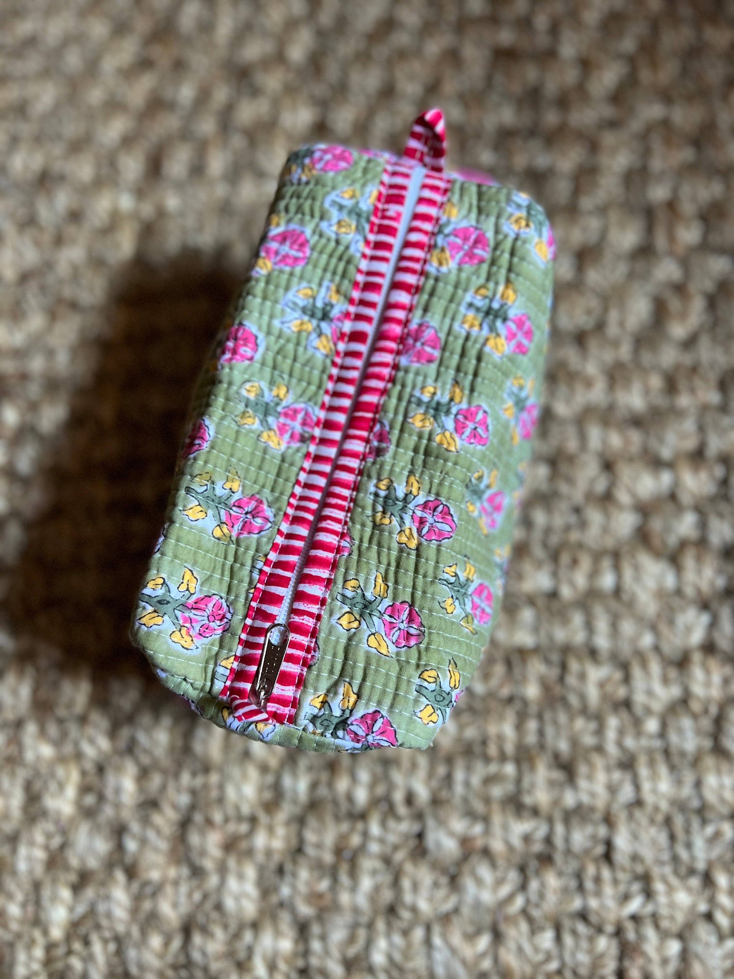 Block Print Floral Tapestry Bag-Green/Pink