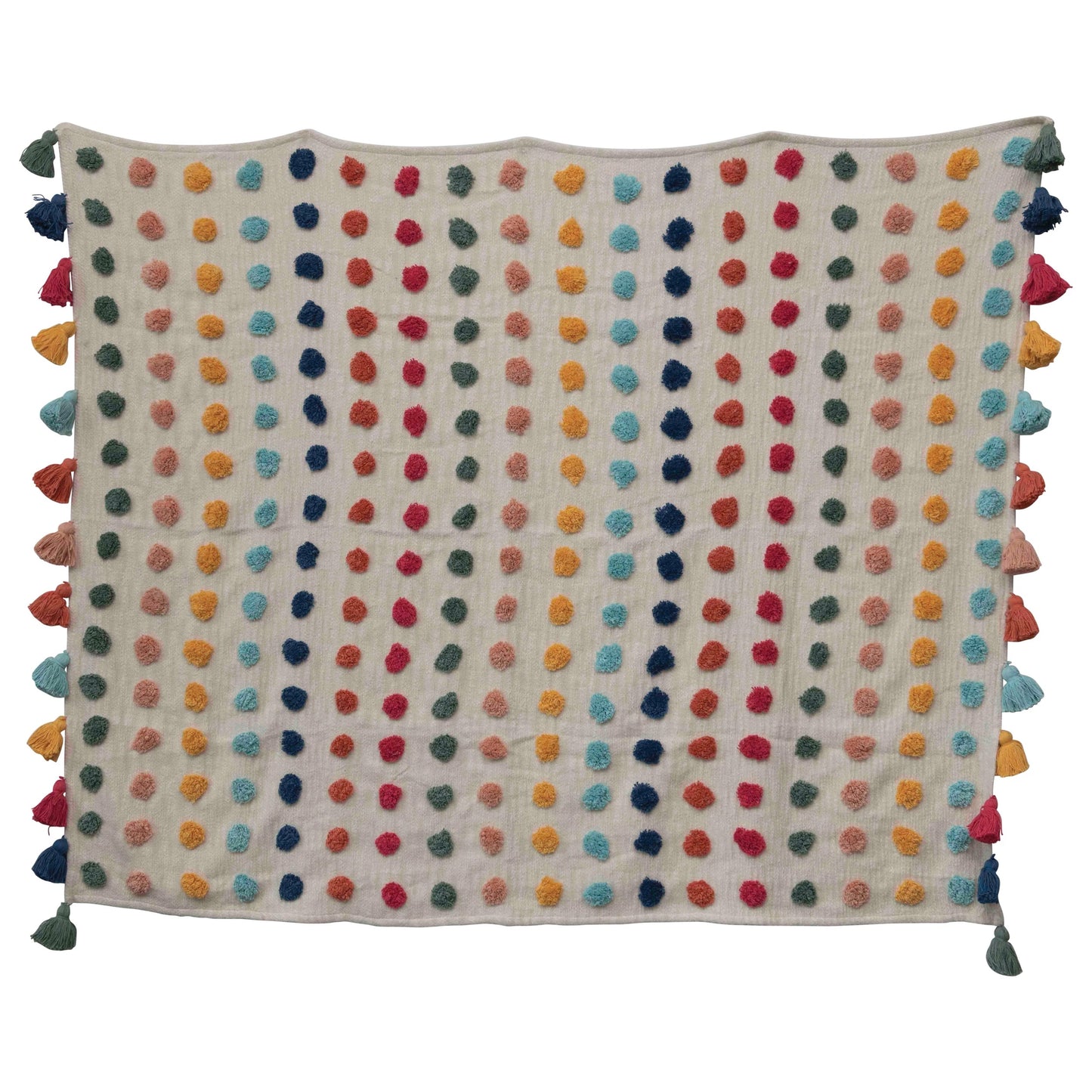 Woven Cotton Throw with Tufted Dots and Tassels