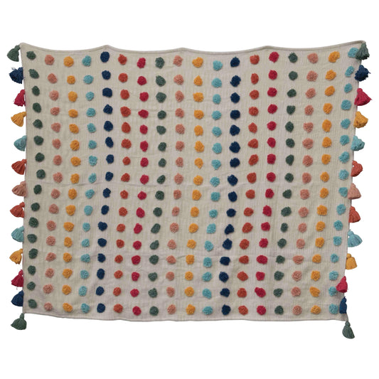 Woven Cotton Throw with Tufted Dots and Tassels