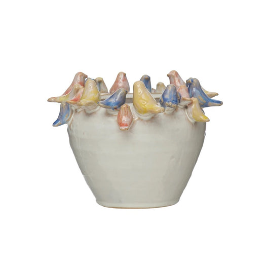 Stoneware Planter with Birds on Rim, Reactive Glaze