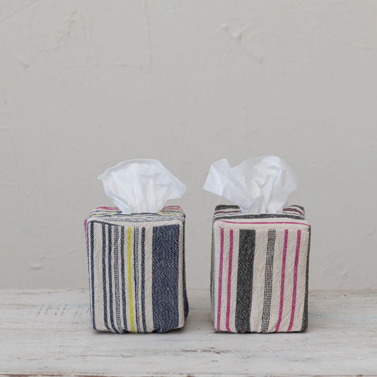 Woven Cotton Blend Tissue Box Cover w/ Stripes, Multi Color, 2 Styles