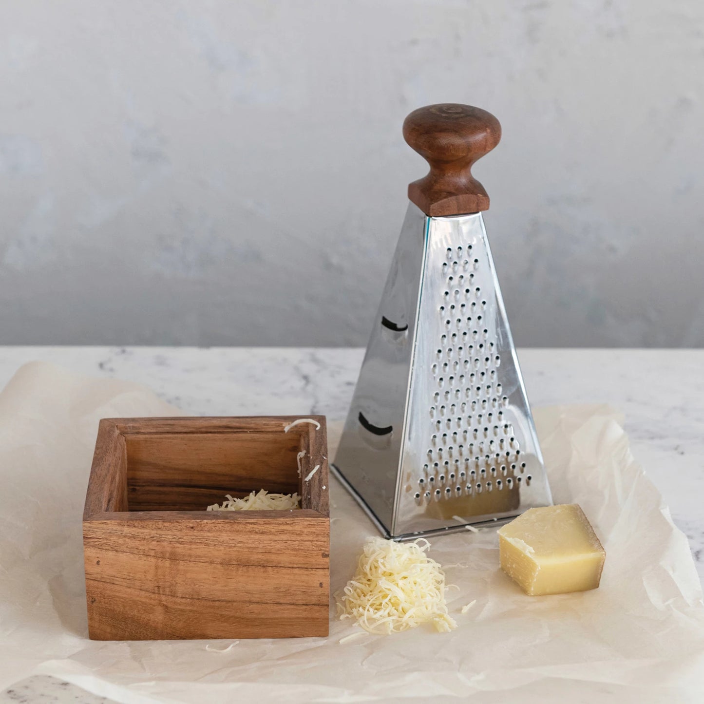 Stainless Steel Grater w/ Acacia Wood Handle & Base, Set of 2