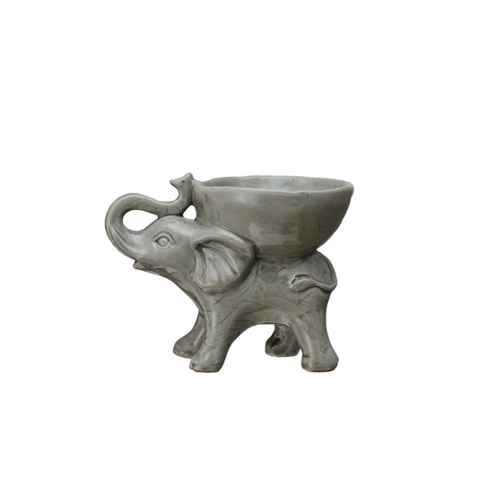 Stoneware Elephant w/ Bowl, Grey (Each One Will Vary)