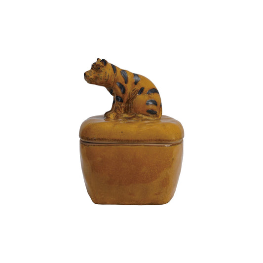 Stoneware Box with Lid & Tiger Shaped Handle (Each Will Vary)