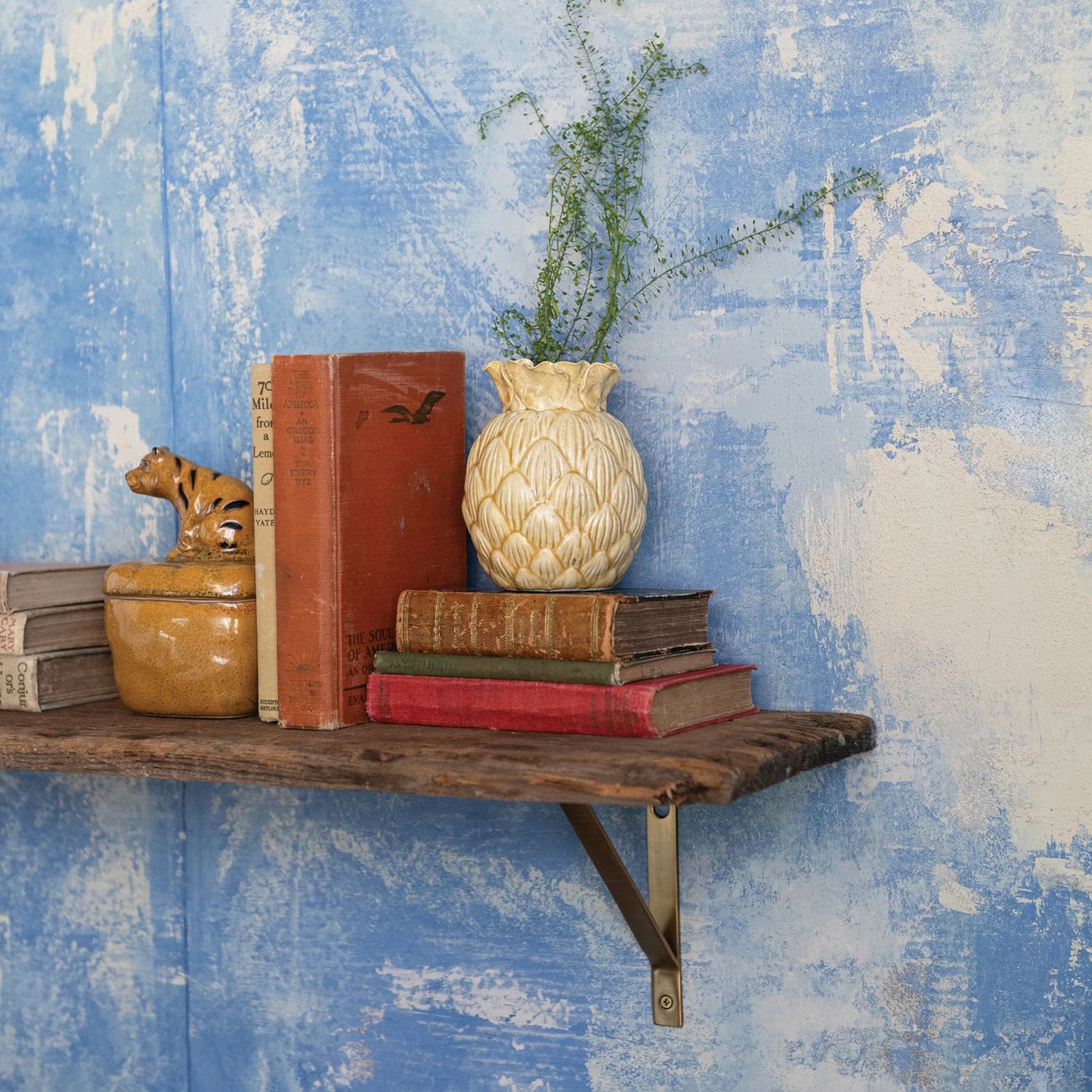 Stoneware Box with Lid & Tiger Shaped Handle (Each Will Vary)