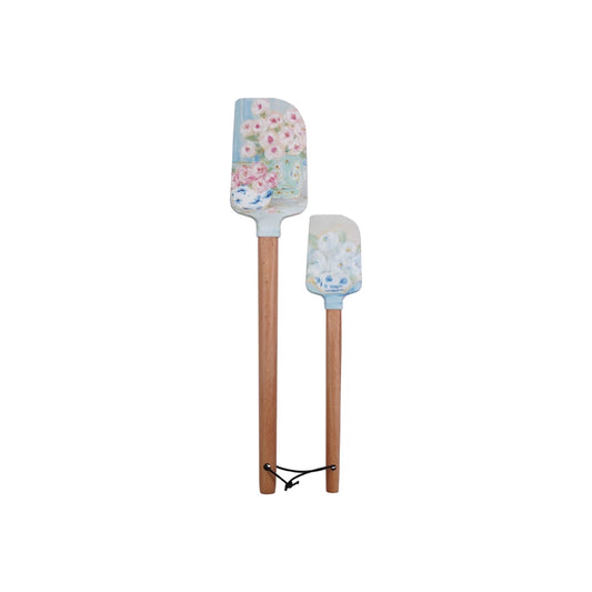 Silicone & Wood Spatulas with Floral Pattern, Set of 2
