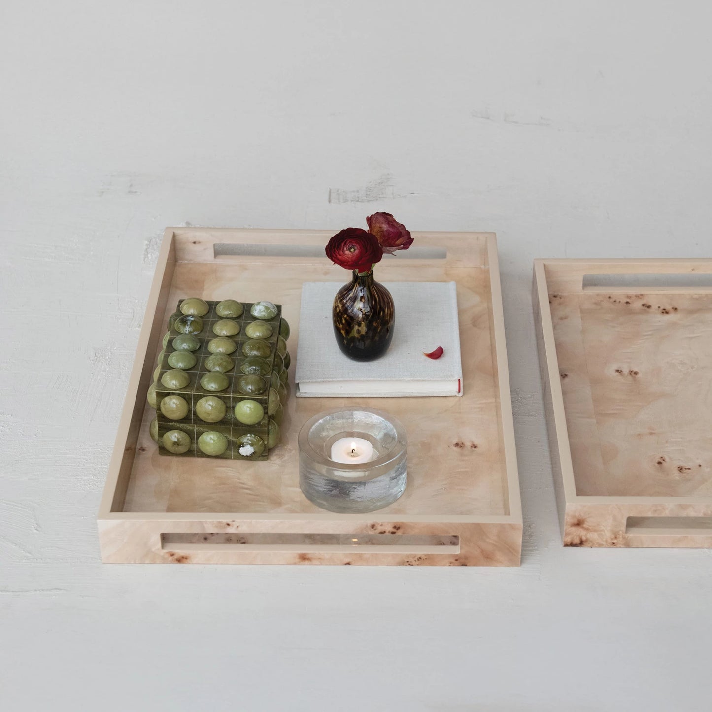 MDF & Burl Wood Veneer Trays w/ Handles, Natural