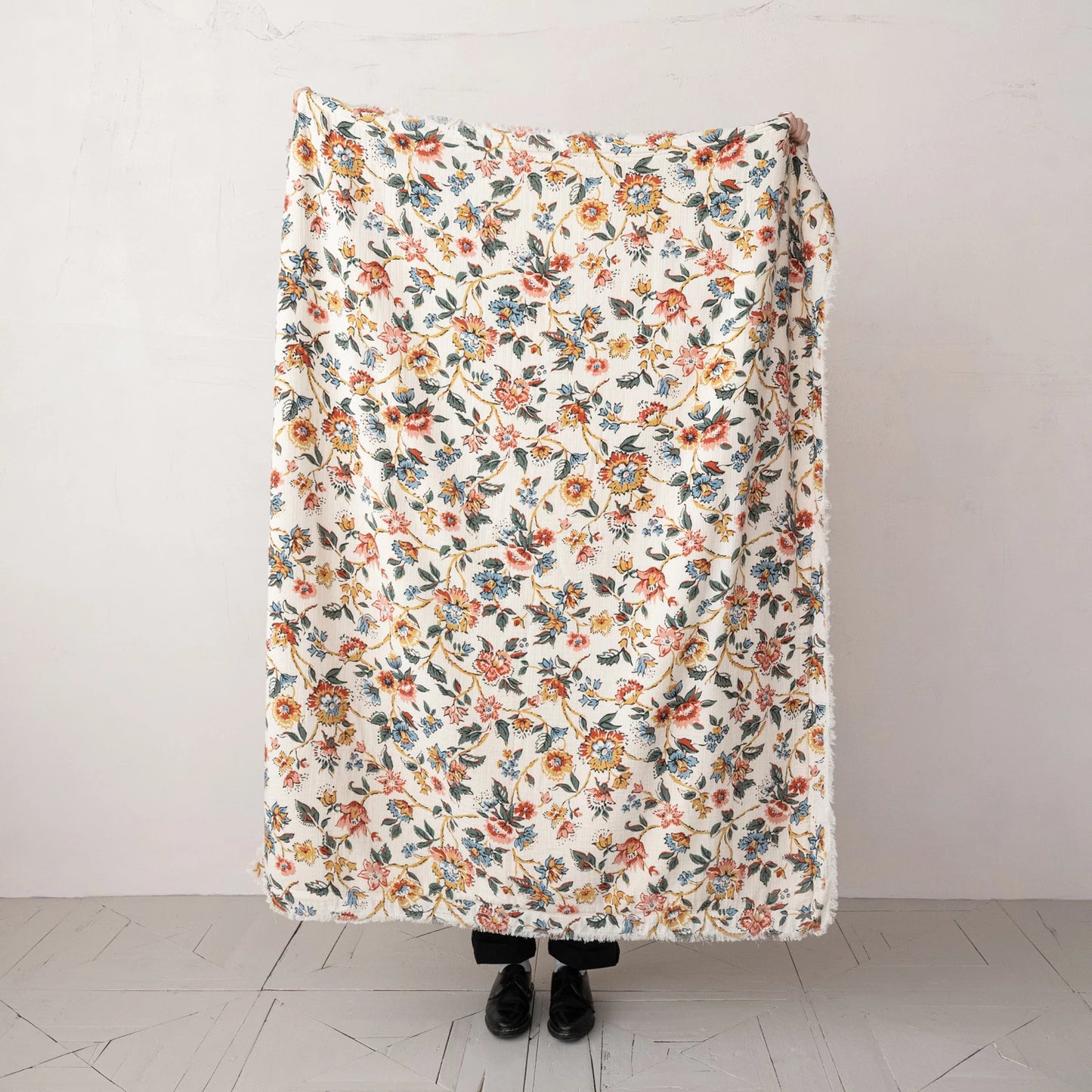 Woven Cotton Printed Throw w/ Sherpa Back, Flower Pattern & Fringe