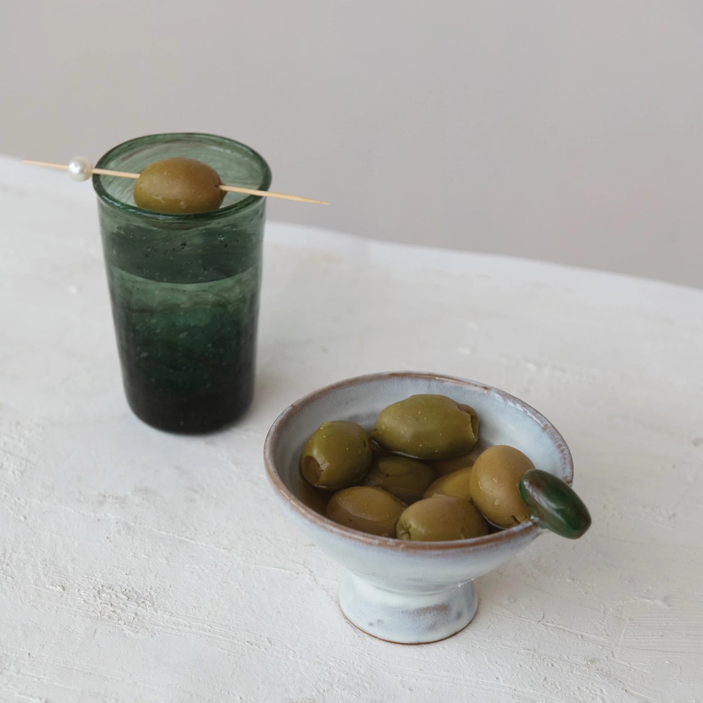 Stoneware Footed Bowl w/ 3D Olive on Rim, Reactive Glaze (Each One Will Vary)