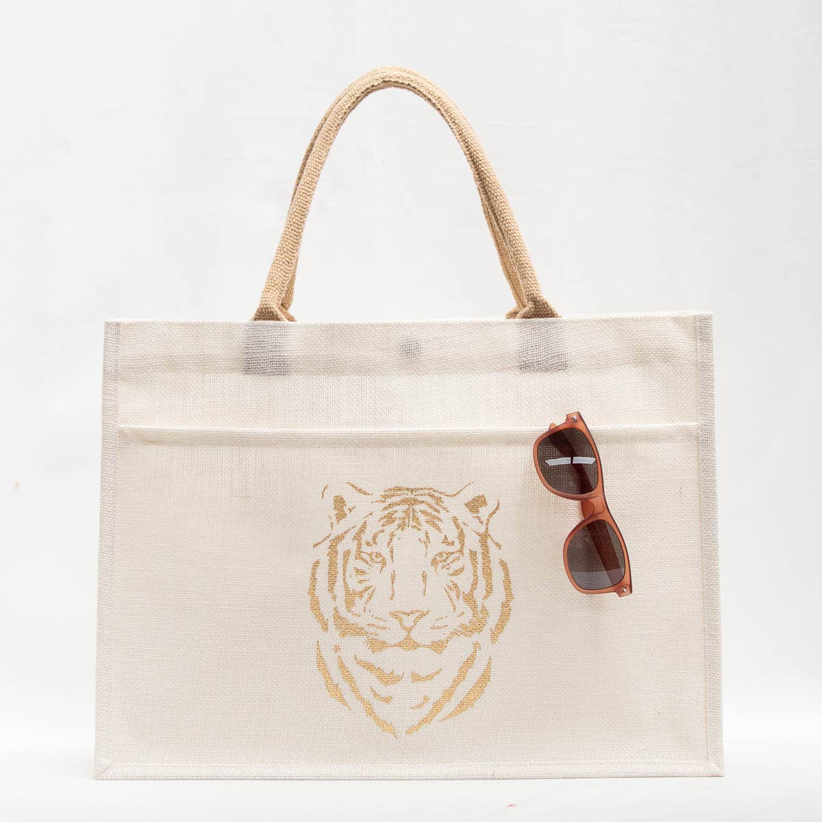 Tiger Jute Pocket Tote-White/Gold