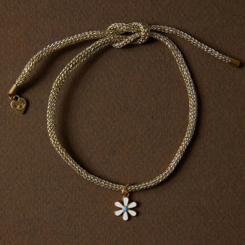 Gold Lurex Bracelet Cord with Mini White Enamel Flower Charm