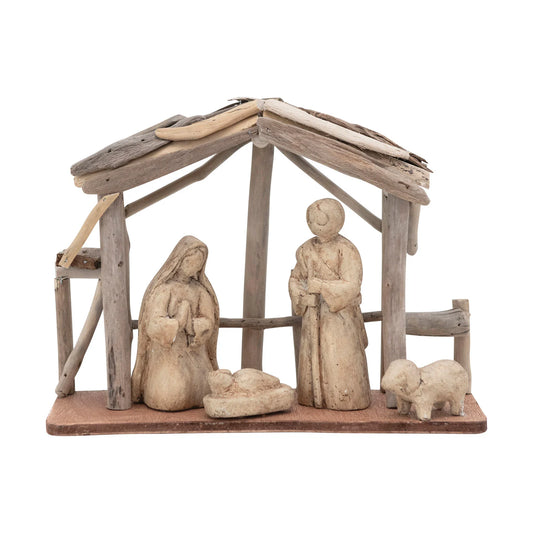 Handmade Driftwood and Paper Mache Nativity with Wood Base