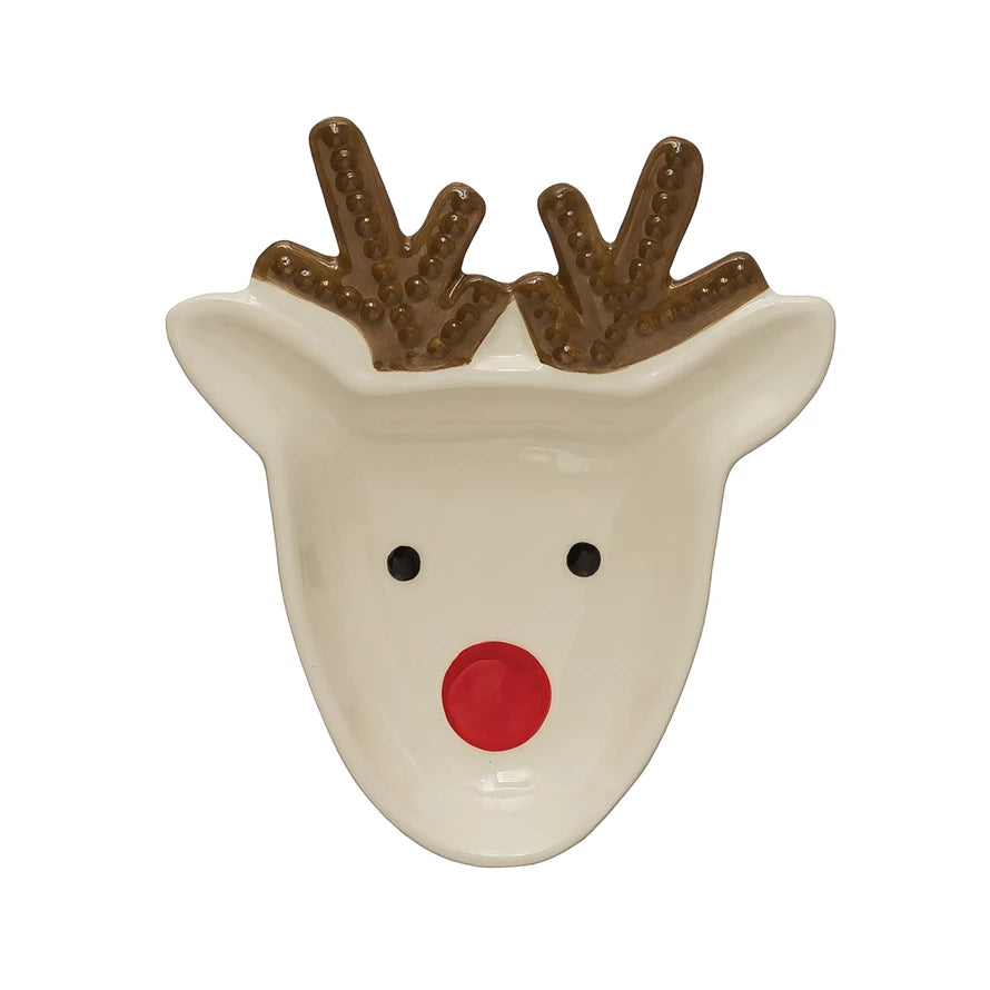 Ceramic Reindeer Plate, White, Brown and Red
