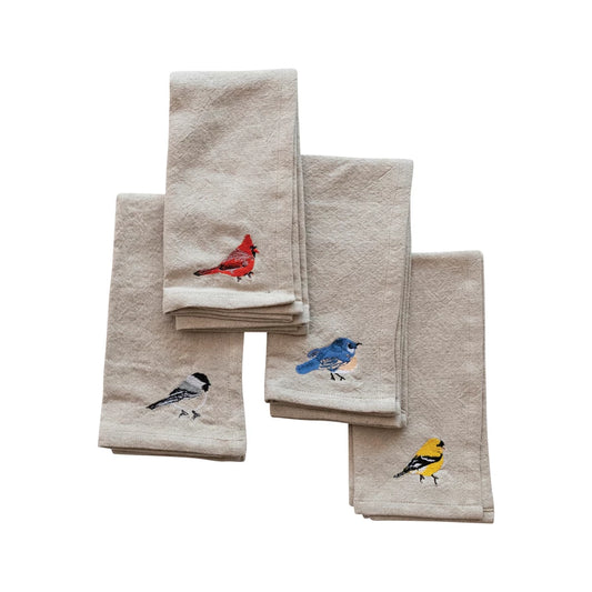 Cotton & Linen Blend Napkins w/ Embroidered Birds, Set of 4