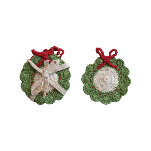 Cotton Crocheted Wreath Shaped Coasters, Green, Red & White, Set of 4