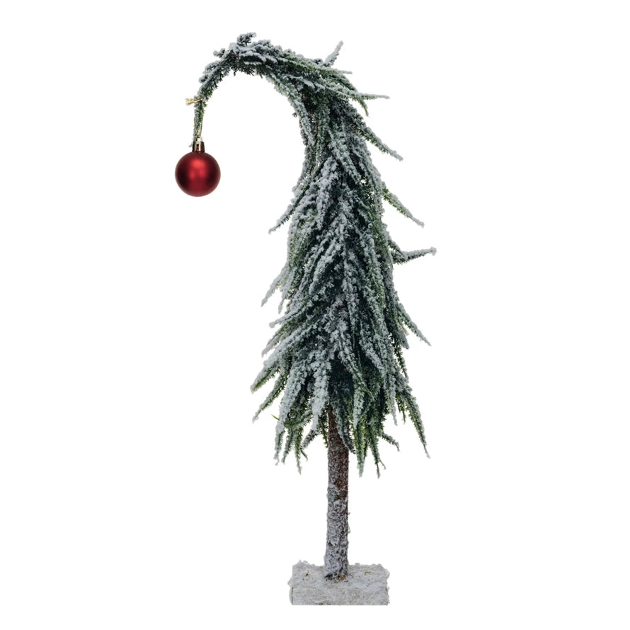 Faux Evergreen Tree w/ Red Ball Ornament, Snow Finish