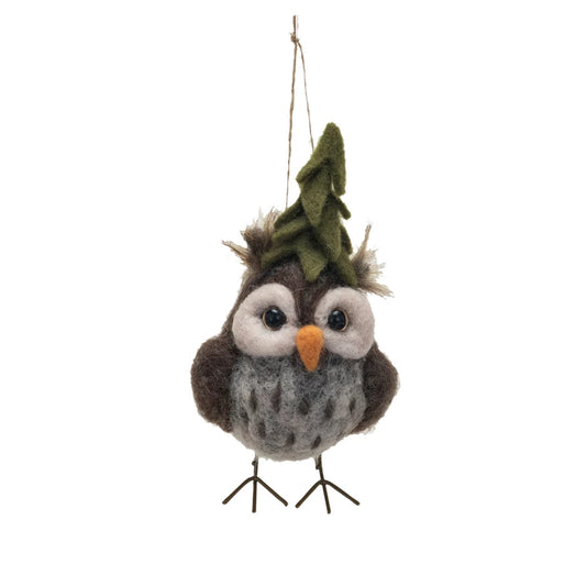 Handmade Wool Felt Owl w/ Tree Hat Ornament, Multi Color