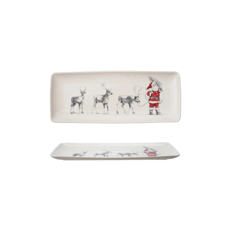 Stoneware Serving Platter with Santa Leading Reindeer Image