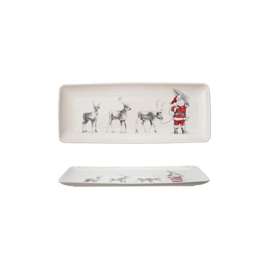 Stoneware Serving Platter with Santa Leading Reindeer Image