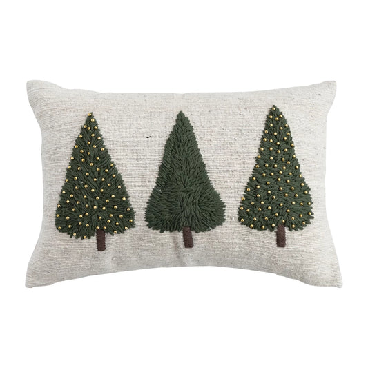 Hand-Woven & Wool Lumbar Pillow with Embroidered Trees & Beads