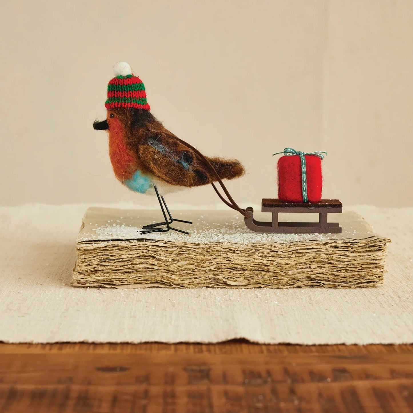 Handmade Wool Felt Robin Pulling Sleigh