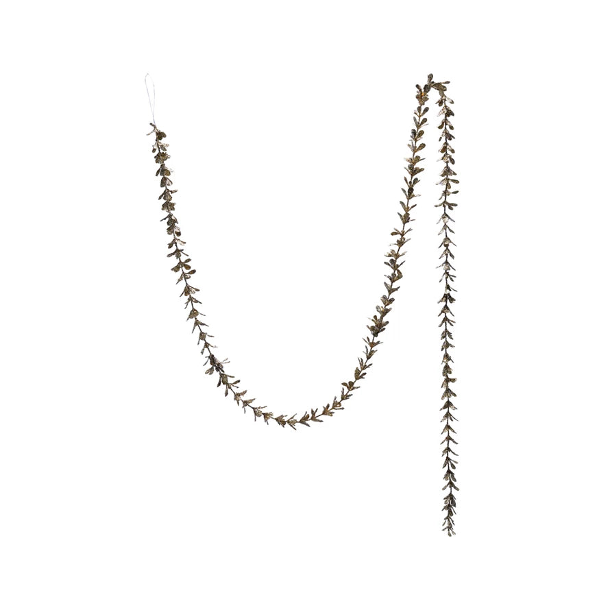 72"L x 1"H Faux Boxwood Garland with Glitter, Champagne Finish