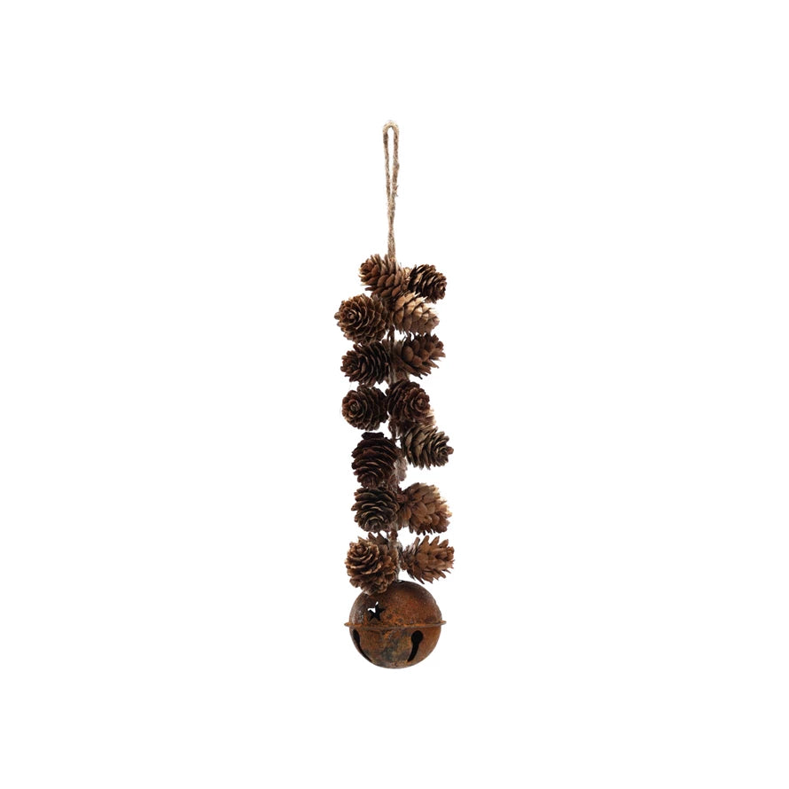 Pinecone Cluster & Metal Jingle Bell Ornament with Star Cut-Outs