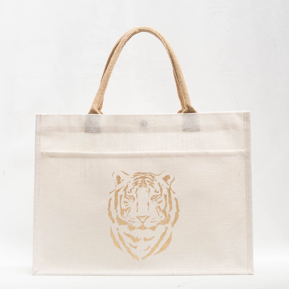 Tiger Jute Pocket Tote-White/Gold